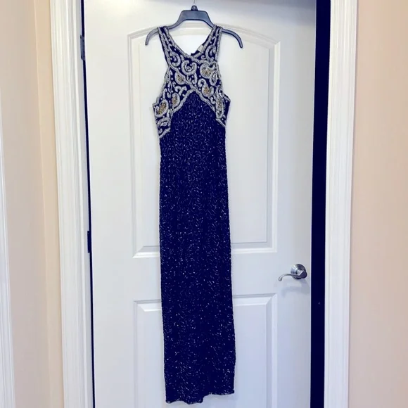 beaded top formal dress Long Halter Dress with Beaded Illusion Top by Elizabeth K GL2330 main image 0